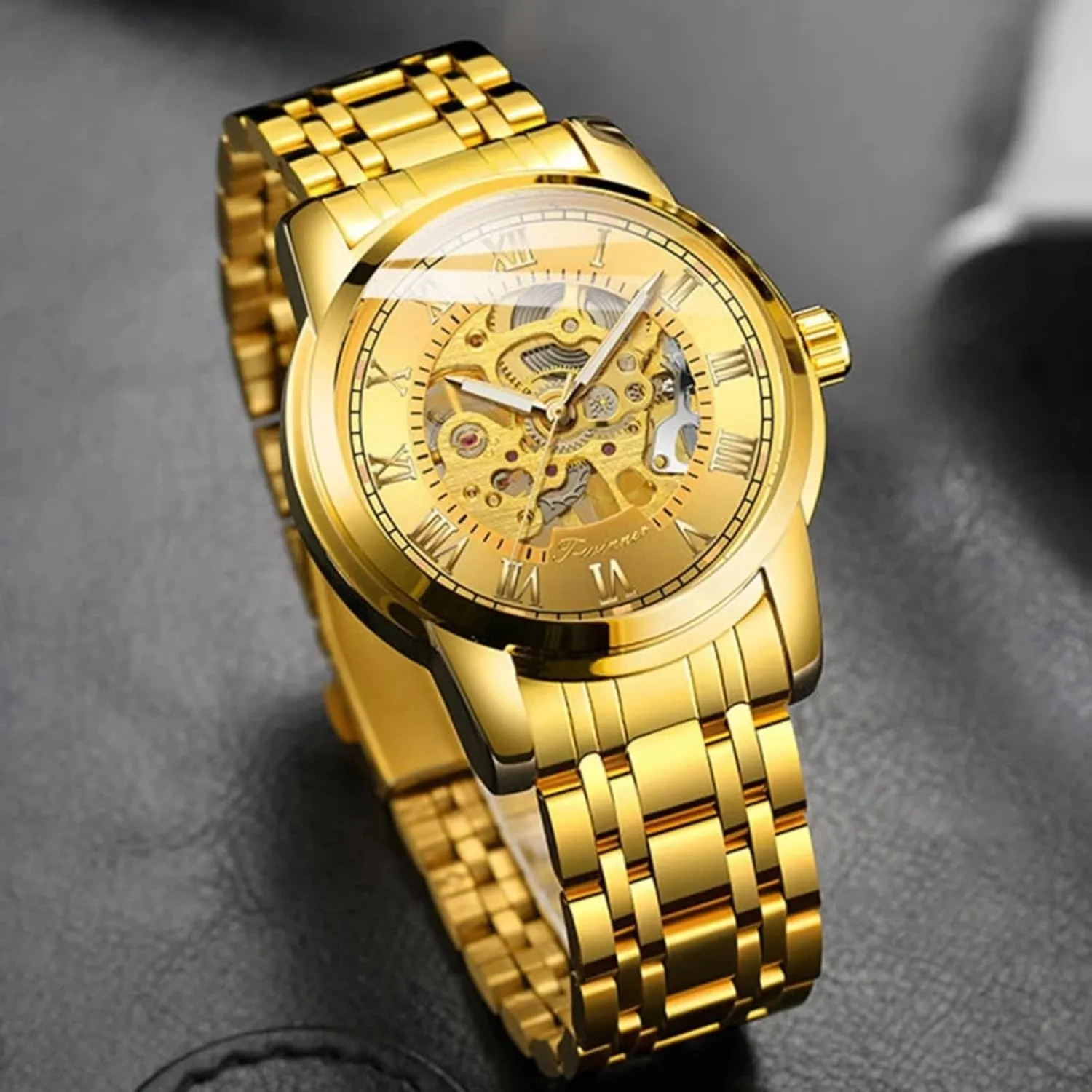 FORSINING Fashion Men's Casual Automatic Mechanical Watch Waterproof Stainless Steel Strap Skeleton Hollow Men's Watch