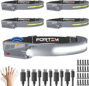 FORTEM Headlamp Rechargeable 5-Pack, 230° Wide Beam LED Head Lamp w/Motion Sensor, 6 Modes for Mechanic, 350 Lumen Hardhat Flashlight, Waterproof Headlight for Camping, Running, Hiking, Cycling