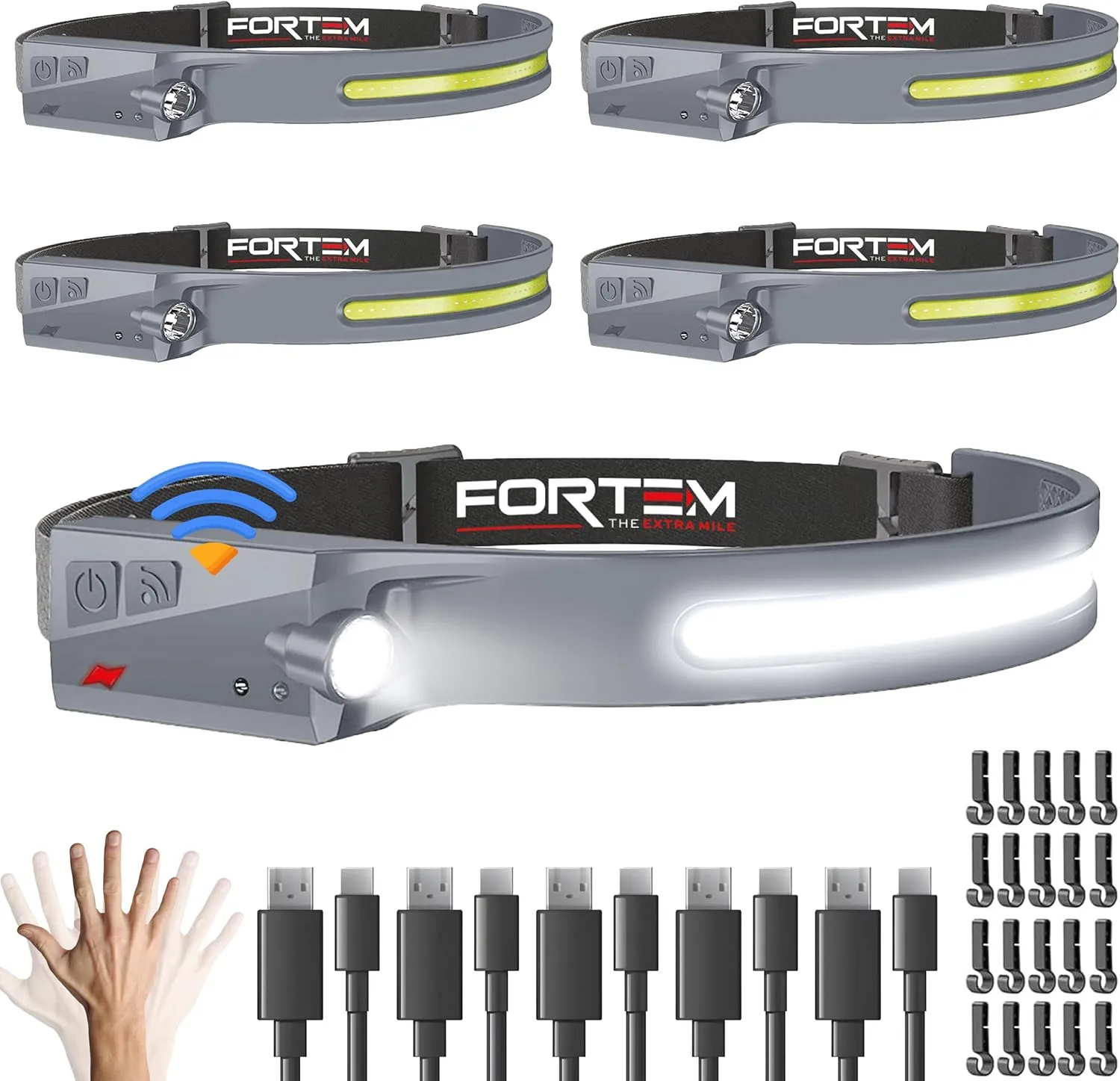 FORTEM Headlamp Rechargeable 5-Pack, 230° Wide Beam LED Head Lamp w/Motion Sensor, 6 Modes for Mechanic, 350 Lumen Hardhat Flashlight, Waterproof Headlight for Camping, Running, Hiking, Cycling