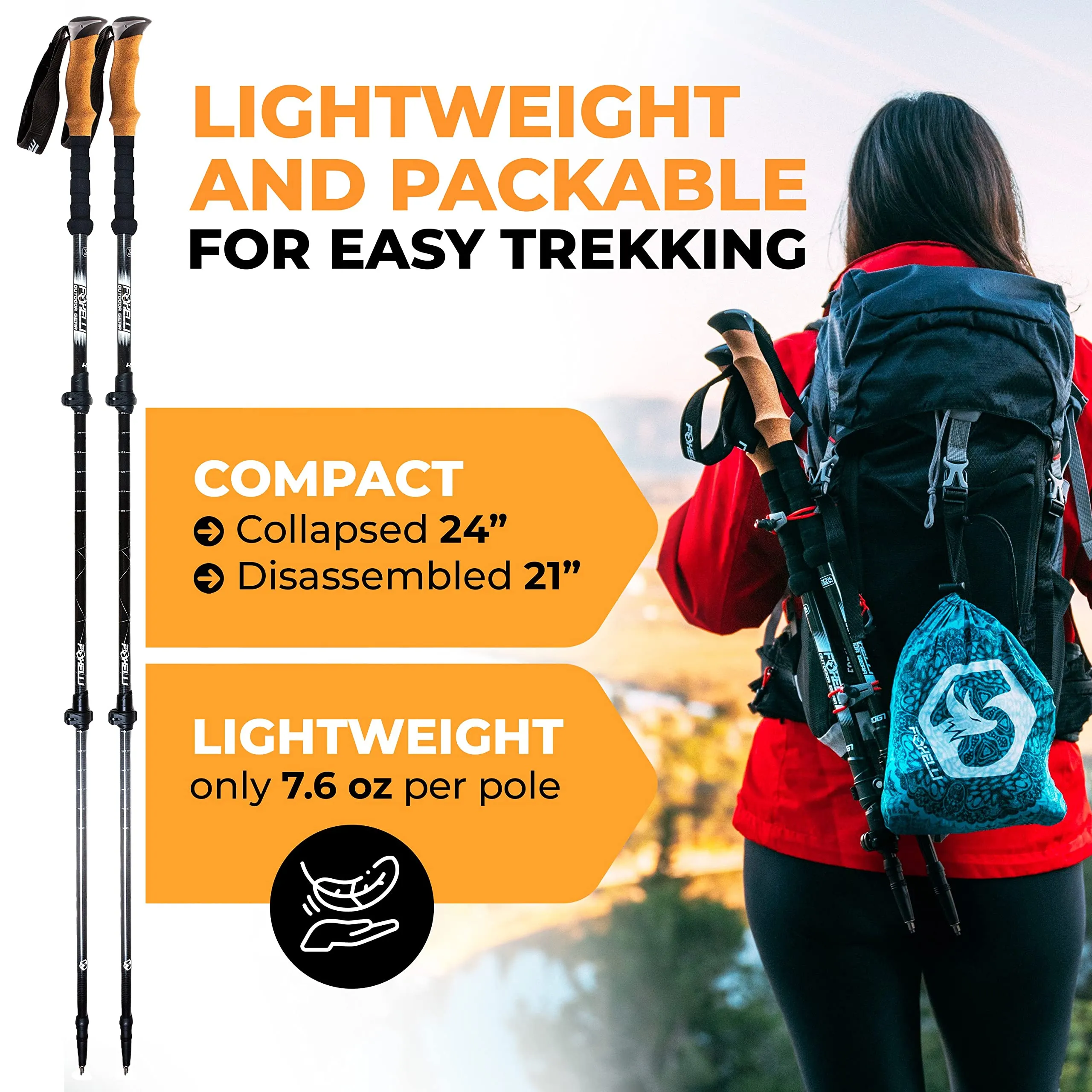 Foxelli Carbon Fiber Trekking Poles – Lightweight Collapsible Hiking Poles, Shock-Absorbent Walking Sticks with Natural Cork Grips, Flip Locks, 4 Season/All Terrain Accessories and Carry Bag