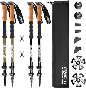 Foxelli Hiking Poles Bundle (2 Pairs) – Black & Khaki Collapsible Lightweight Carbon Fiber Trekking Poles with Accessories
