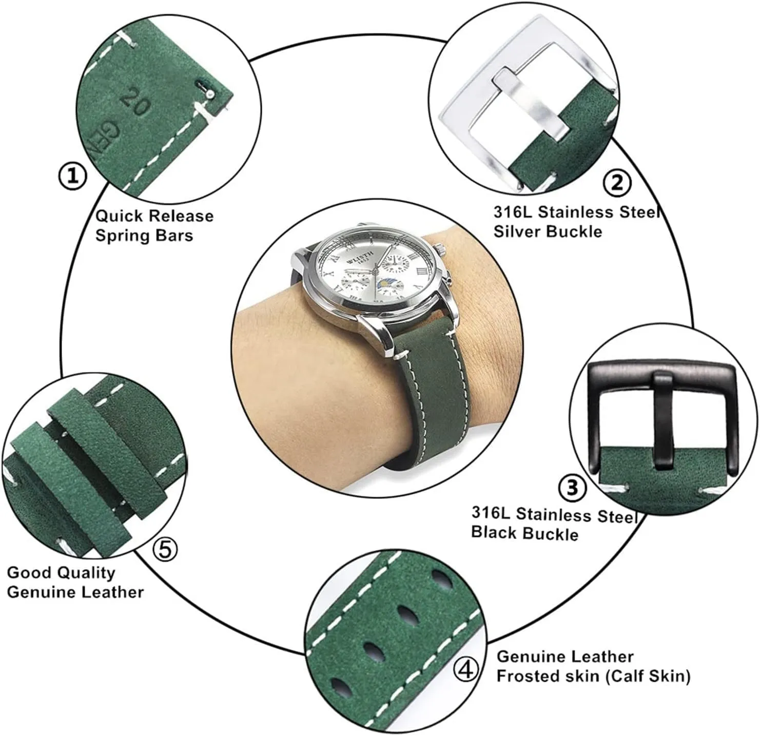 Frosted Skin Watchband Belt for Men Women Matte Leather Watch Straps Green Unisex Soft Watch Bracelet Accessories