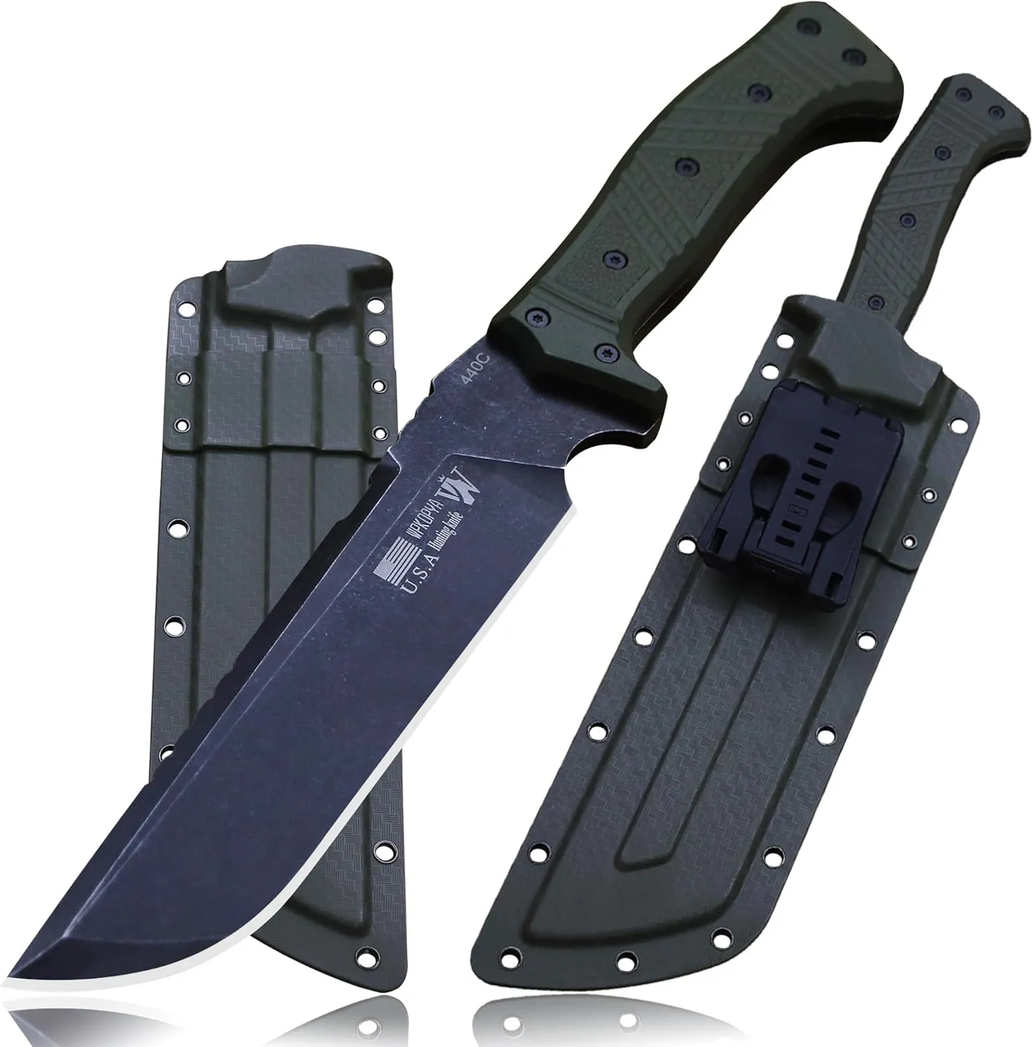 Full Tang Outdoor Knife – 440C Stainless Steel Blade, 6mm Thick, 14.8in Overall, Nylon Fiber Handle & Sheath, Camping Hunting Survival Tool (green)