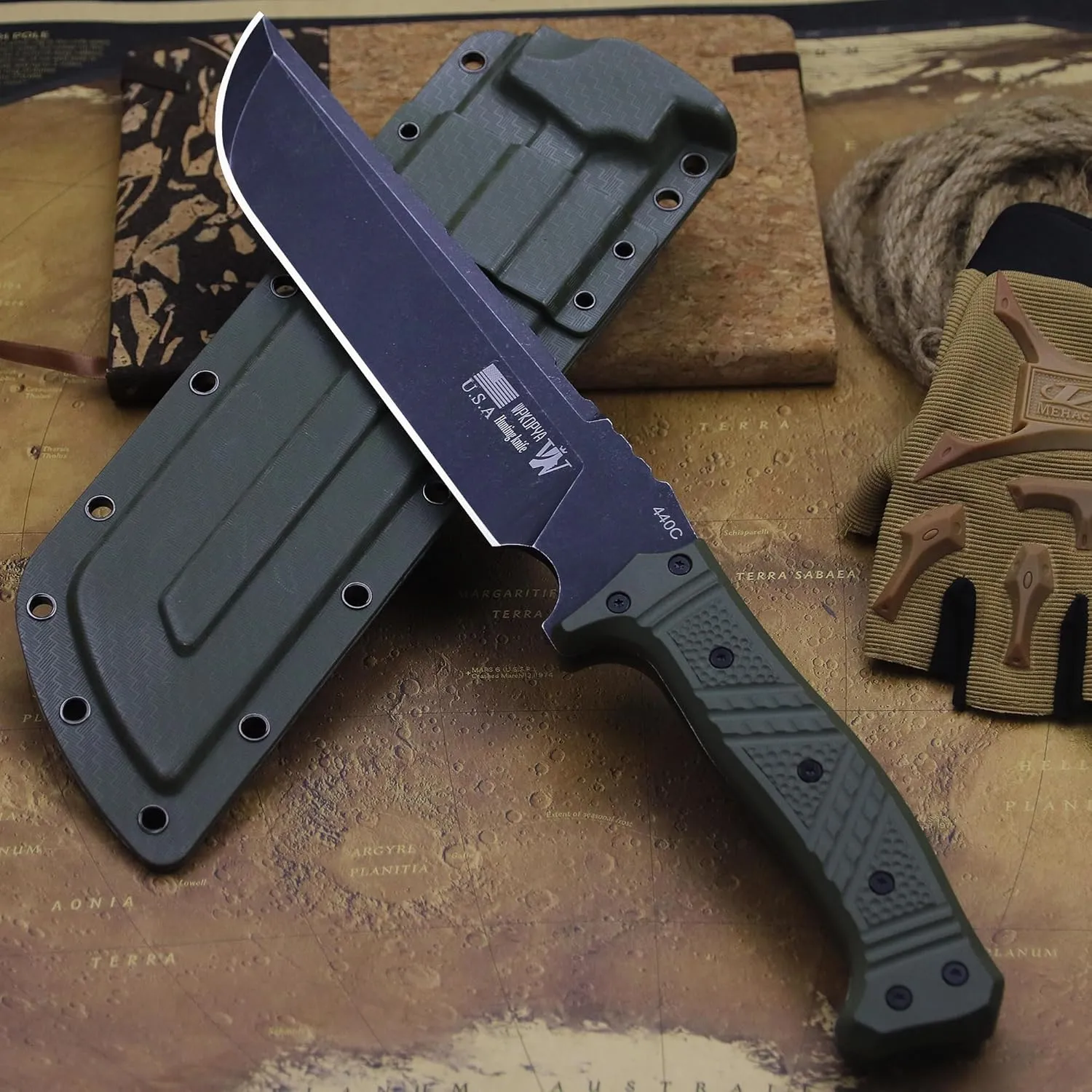 Full Tang Outdoor Knife – 440C Stainless Steel Blade, 6mm Thick, 14.8in Overall, Nylon Fiber Handle & Sheath, Camping Hunting Survival Tool (green)