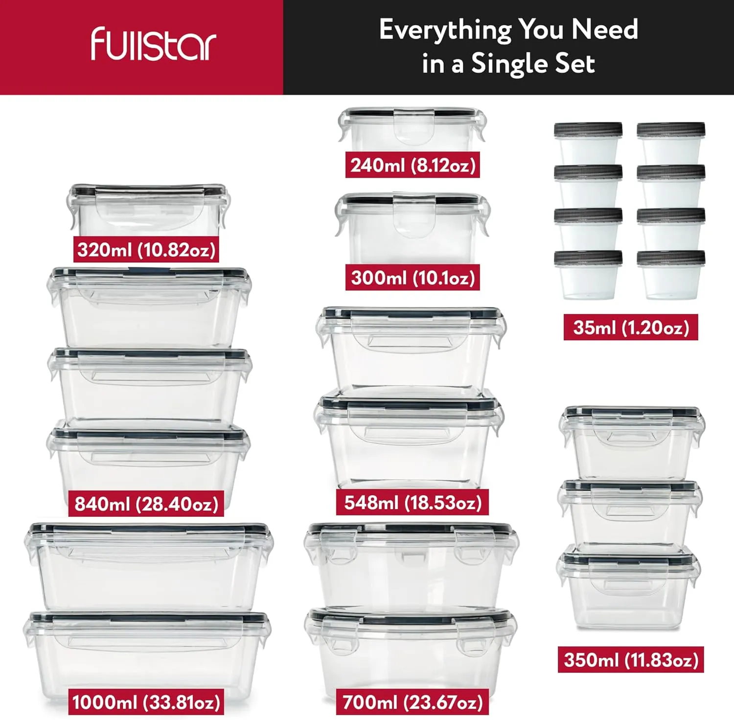 fullstar 50-Piece Plastic Food Storage Containers with Lids (24 Containers & 24 Lids) - Leakproof, BPA-Free, Meal Prep Containers, Reusable Lunch Storage Set for Kitchen Organization (Pack of 50)