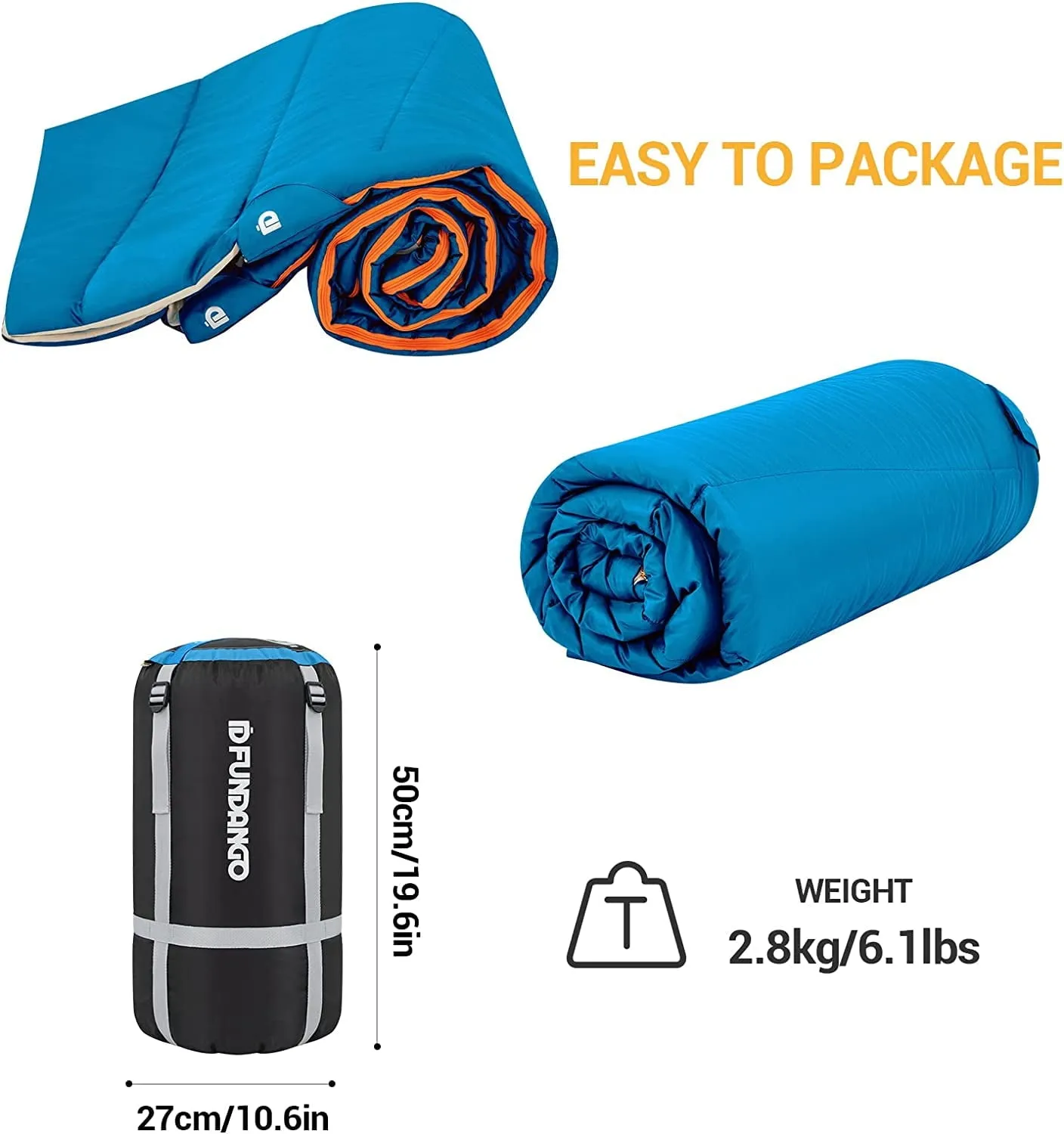 FUNDANGO 3-in-1 Camping Sleeping Bags for Adult with Pillows Oversized Lightweight Double Sleep Bag 39.2°F-62.6°F Cyan