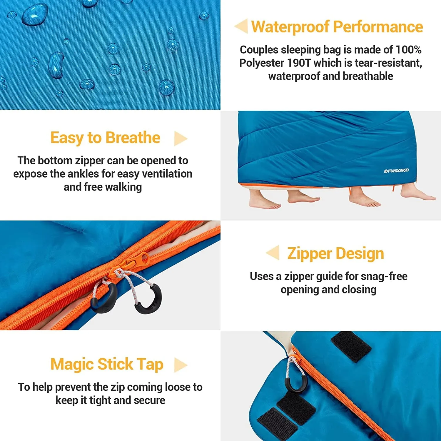 FUNDANGO 3-in-1 Camping Sleeping Bags for Adult with Pillows Oversized Lightweight Double Sleep Bag 39.2°F-62.6°F Cyan