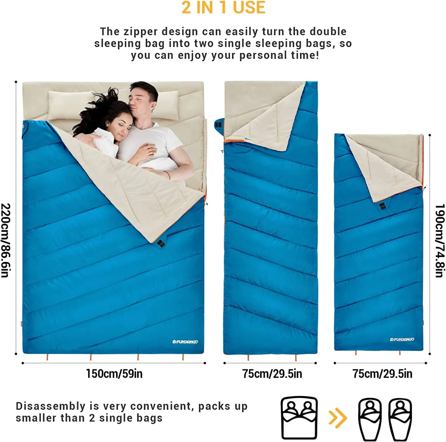 FUNDANGO 3-in-1 Camping Sleeping Bags for Adult with Pillows Oversized Lightweight Double Sleep Bag 39.2°F-62.6°F Cyan