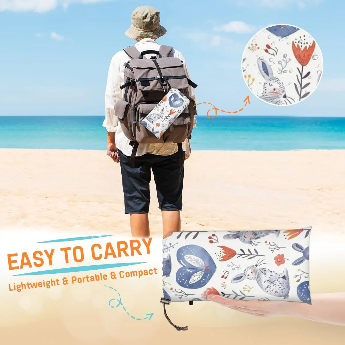 Funny Easter Rabbit Beach Blanket, Sandproof Beach Mat, Adults Waterproof Quick Drying Sand Free Mat with 4 x Ground Spikes for Outdoor Travel Camping Hiking, Bunny Cute Spring Floral