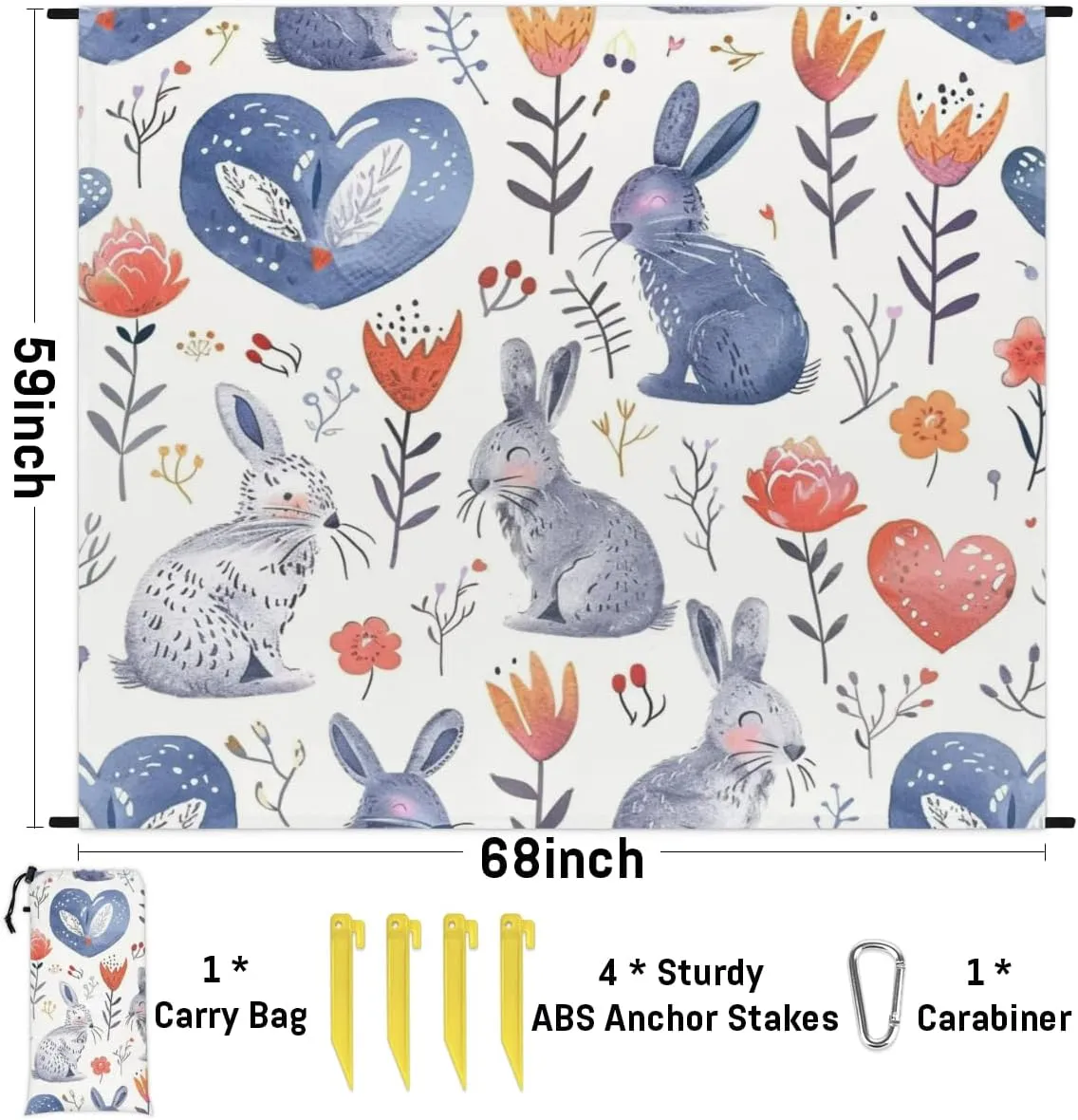 Funny Easter Rabbit Beach Blanket, Sandproof Beach Mat, Adults Waterproof Quick Drying Sand Free Mat with 4 x Ground Spikes for Outdoor Travel Camping Hiking, Bunny Cute Spring Floral