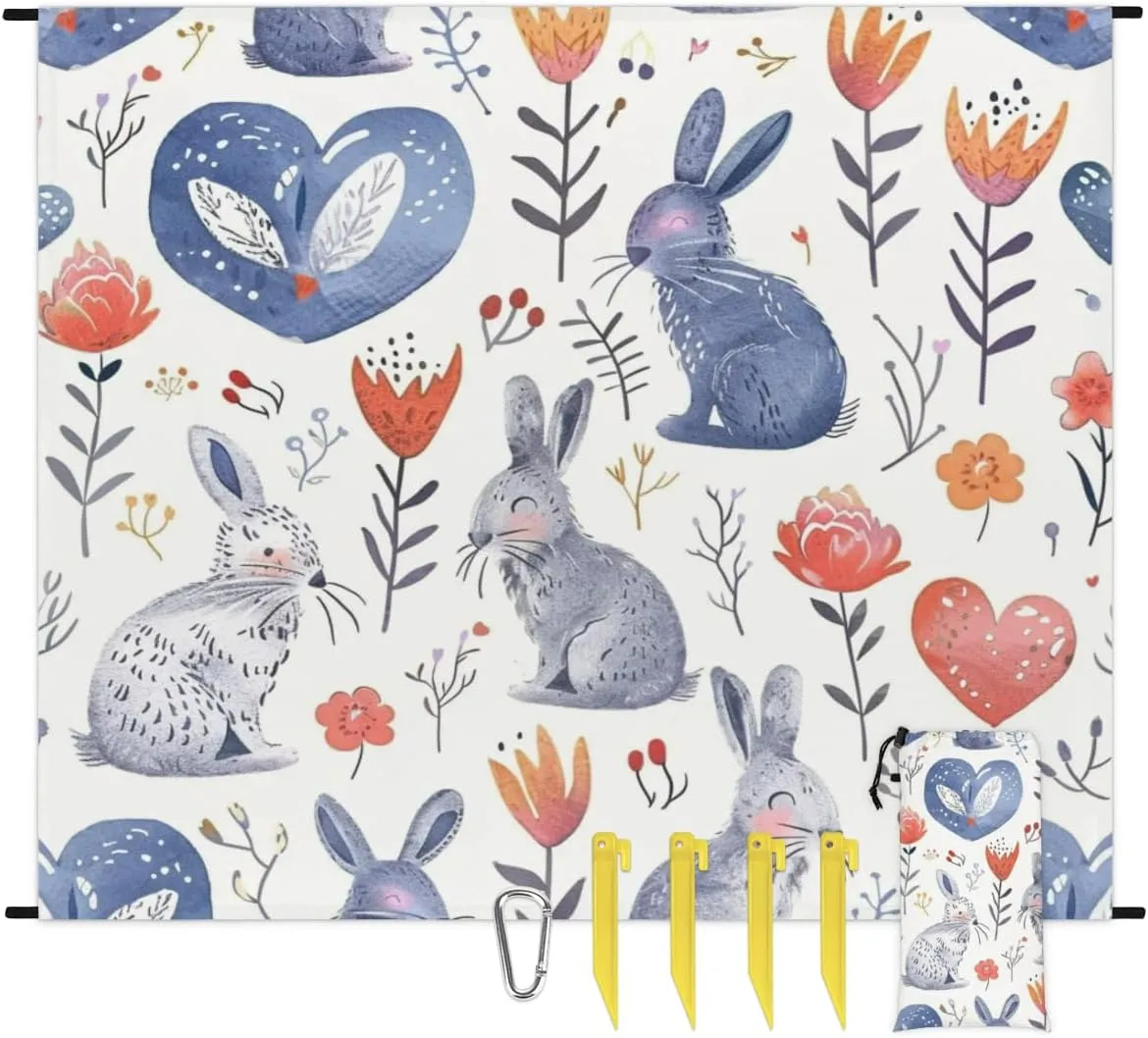 Funny Easter Rabbit Beach Blanket, Sandproof Beach Mat, Adults Waterproof Quick Drying Sand Free Mat with 4 x Ground Spikes for Outdoor Travel Camping Hiking, Bunny Cute Spring Floral
