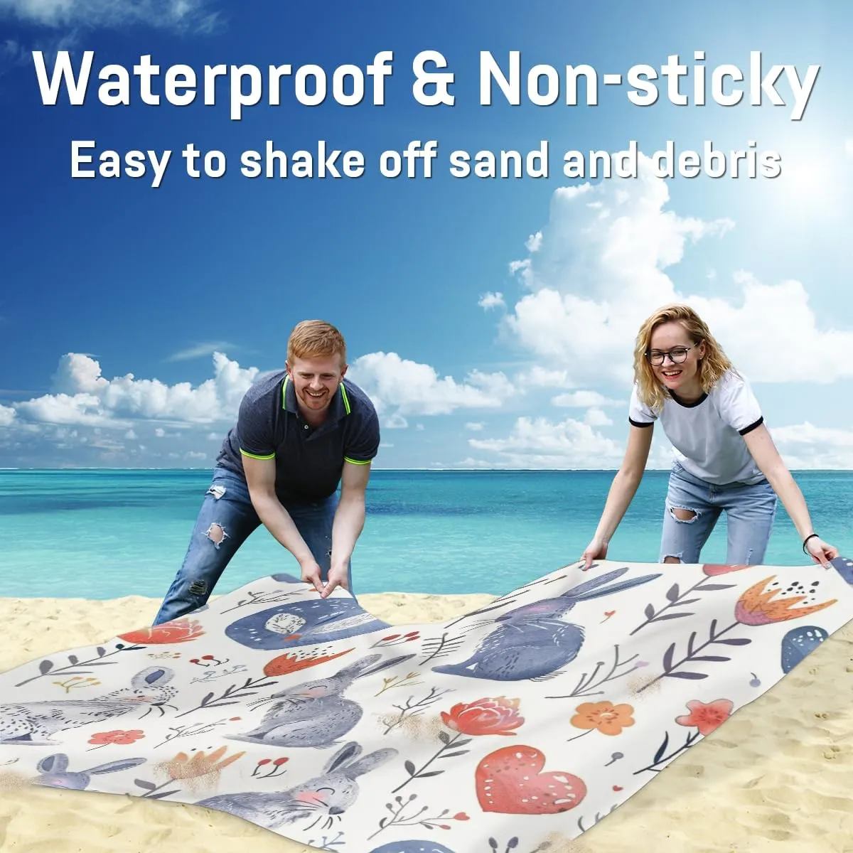 Funny Easter Rabbit Beach Blanket, Sandproof Beach Mat, Adults Waterproof Quick Drying Sand Free Mat with 4 x Ground Spikes for Outdoor Travel Camping Hiking, Bunny Cute Spring Floral