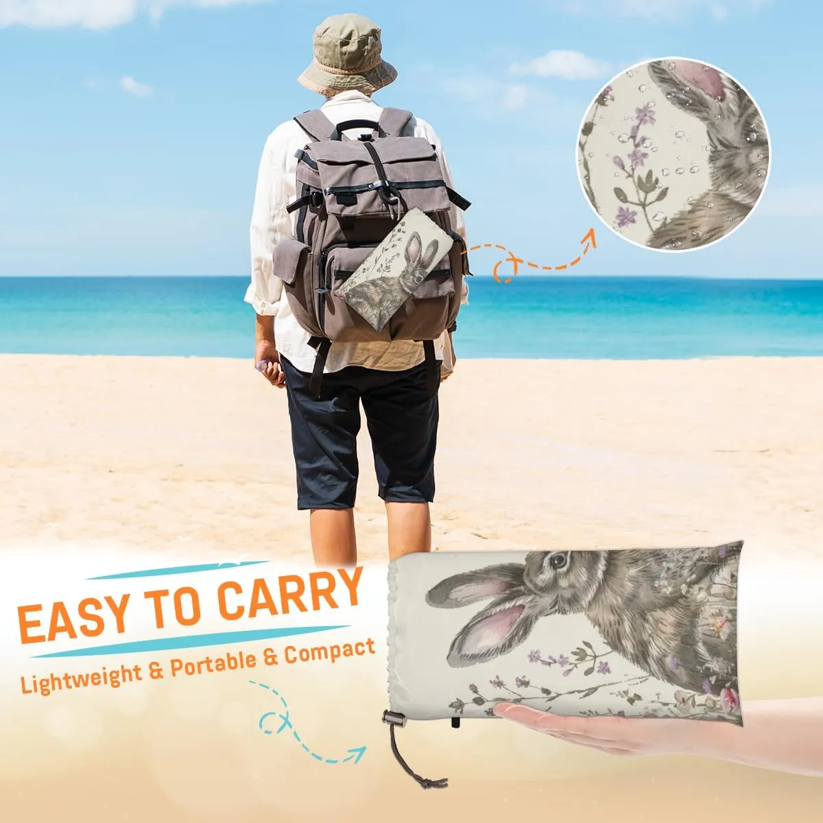 Funny Rabbit Beach Blanket, Sandproof Beach Mat, Adults Waterproof Quick Drying Sand Free Mat with 4 x Ground Spikes for Outdoor Travel Camping Hiking, Farmhouse Bunny Animals