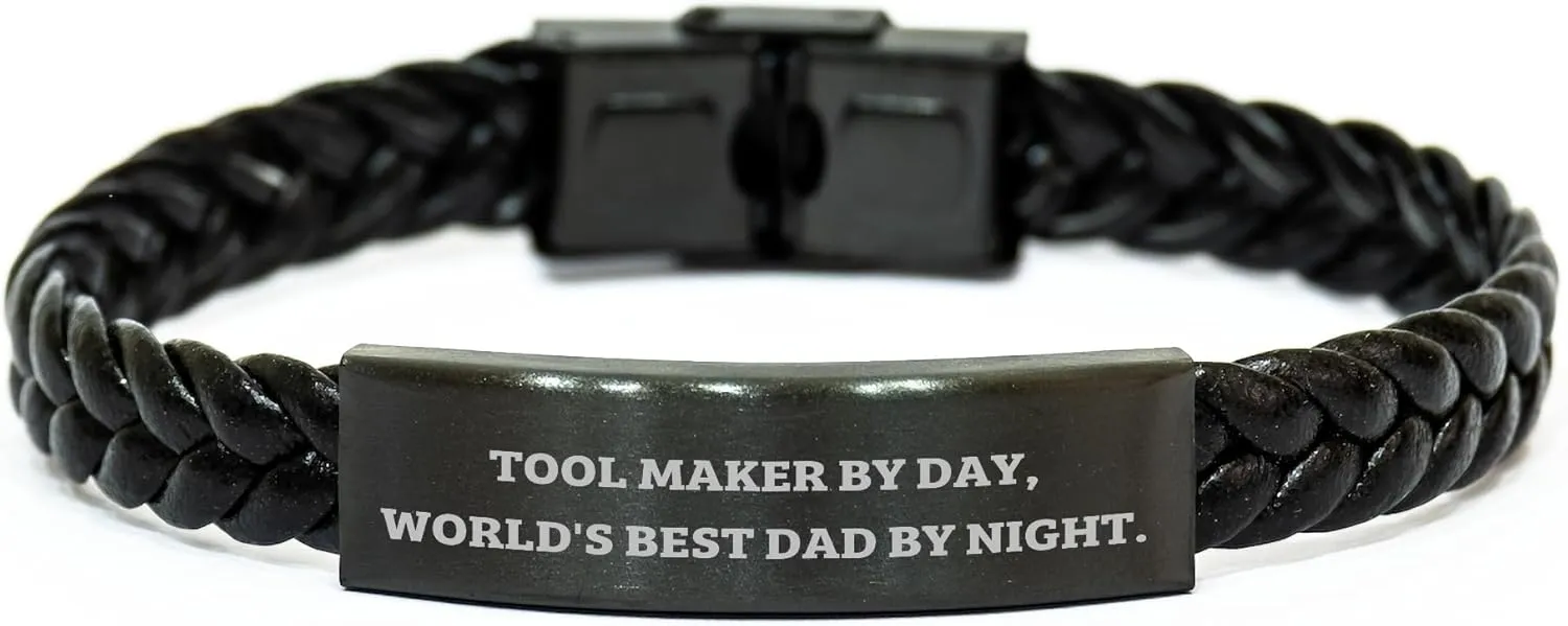 Funny Tool Maker Gifts For Birthday - World's Best Dad By Night Interlaced Leather Tool Maker Accessory, Stainless Steel Engraved, Unique Gift from Tool Maker