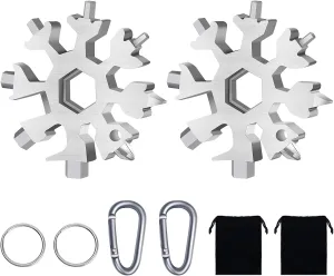 FZENeast Snowflake Multitool, 2 Piece 18-in-1 Stainless Steel Snowflake Standard Multitool, Snowflake Wrench with Key Ring, Carabiner Clip and Gift Bag (Silver)