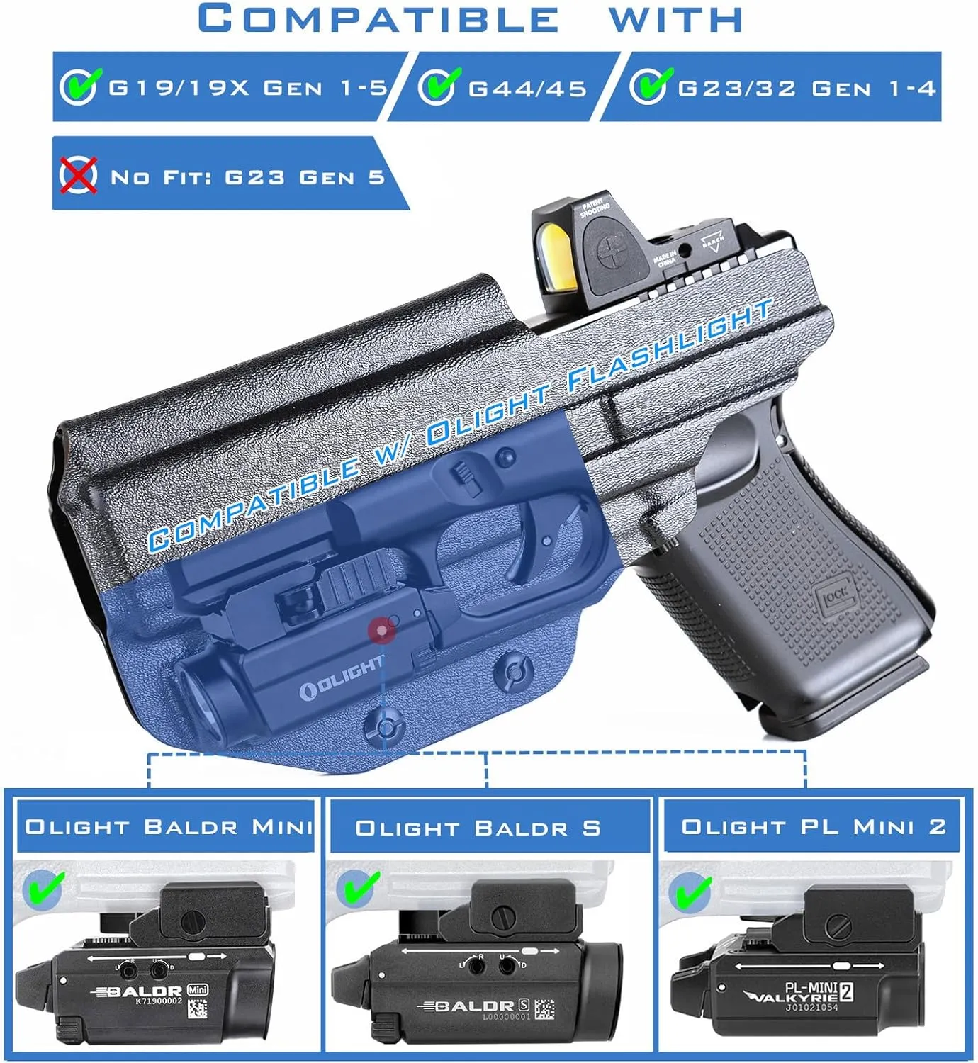 G19/G17 Holster with Light, IWB Kydex Holster for Glock 17 19 19X 22 23 31 32 44 45 47 MOS with Olight Baldr S/Baldr MINI Laser Combo Flashlight, Red Dot Optics Cut, Inside Waistband Concealed Carry