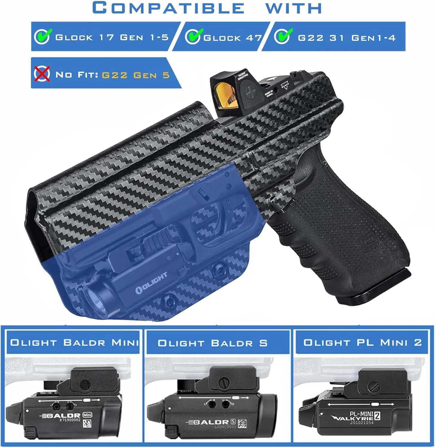 G19/G17 Holster with Light, IWB Kydex Holster for Glock 17 19 19X 22 23 31 32 44 45 47 MOS with Olight Baldr S/Baldr MINI Laser Combo Flashlight, Red Dot Optics Cut, Inside Waistband Concealed Carry