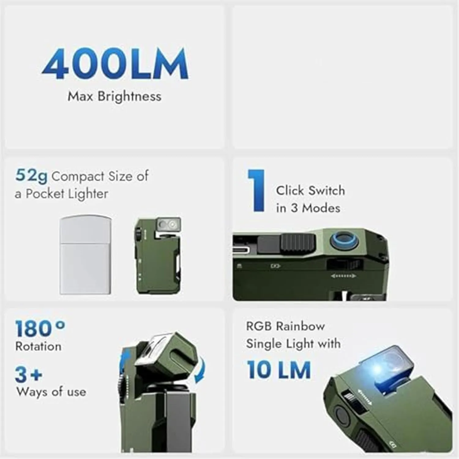 G5 EDC Light 400 Lumens, G5 Pocket-Sized LED Light, Super Bright 3 Modes Keychain Flashlight, 180° Rotation, Dual Lights, IP68 Waterproof, for Outdoor, Emergency & Daily Carry (Green) (1, Green)