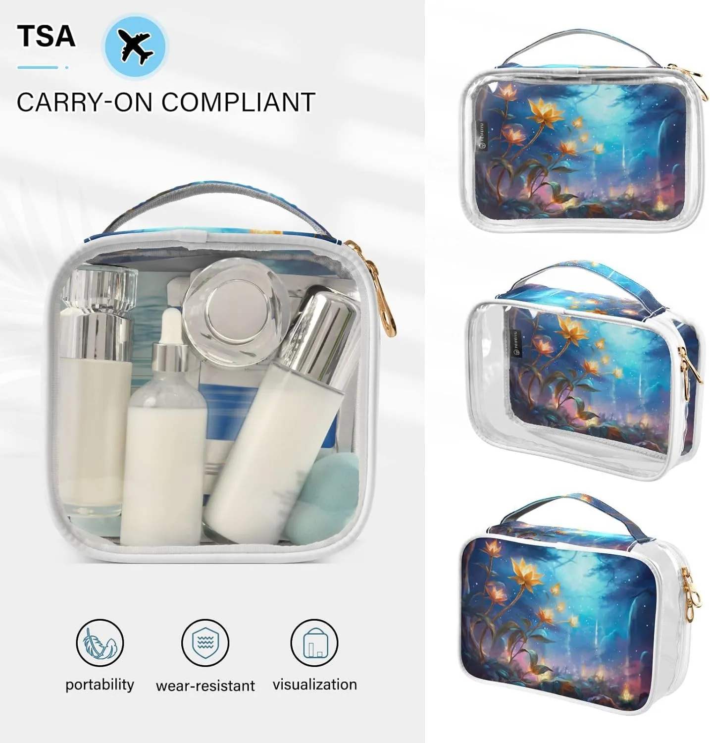 GAIGEO Beautiful And Dreamy Flowers Clear Toiletry Bag Set, Clear Plastic Travel Bags, Women's Toiletry Bag, 2 Pack