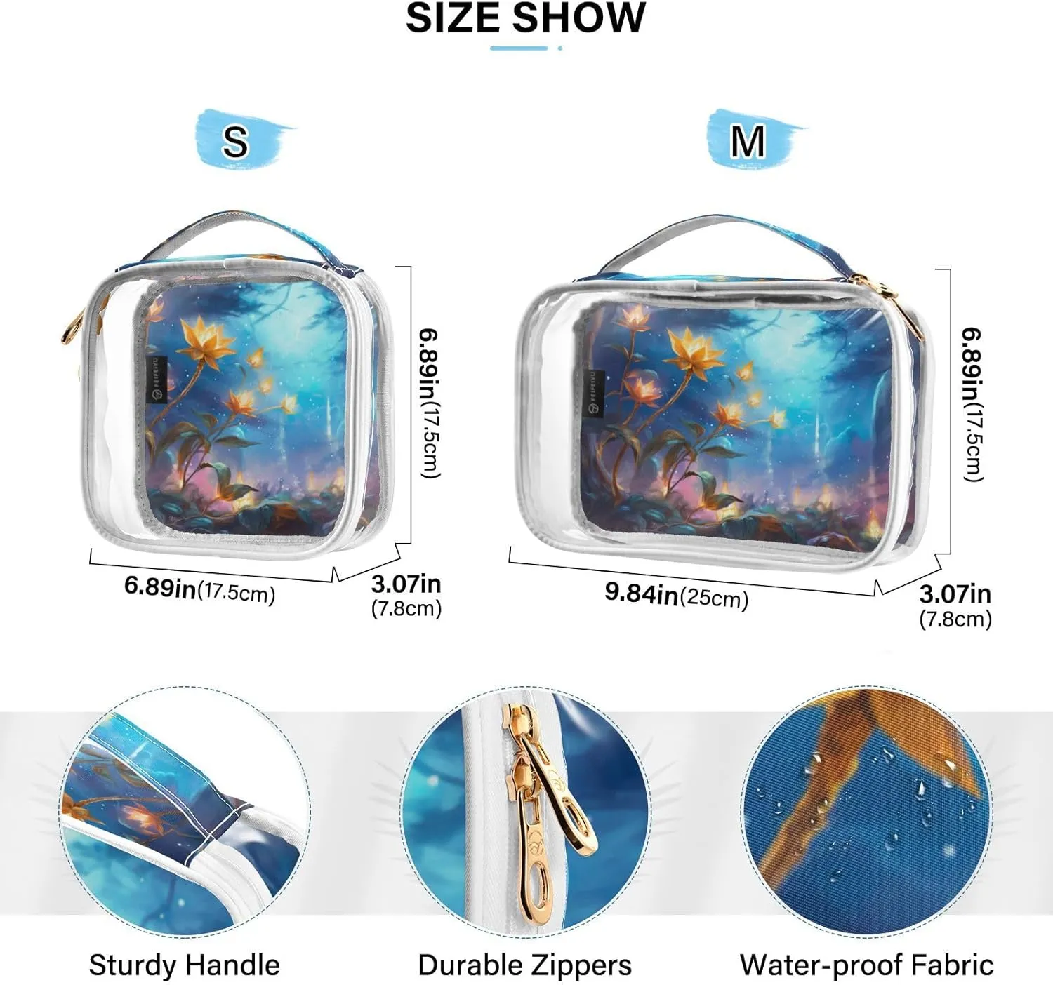 GAIGEO Beautiful And Dreamy Flowers Clear Toiletry Bag Set, Clear Plastic Travel Bags, Women's Toiletry Bag, 2 Pack