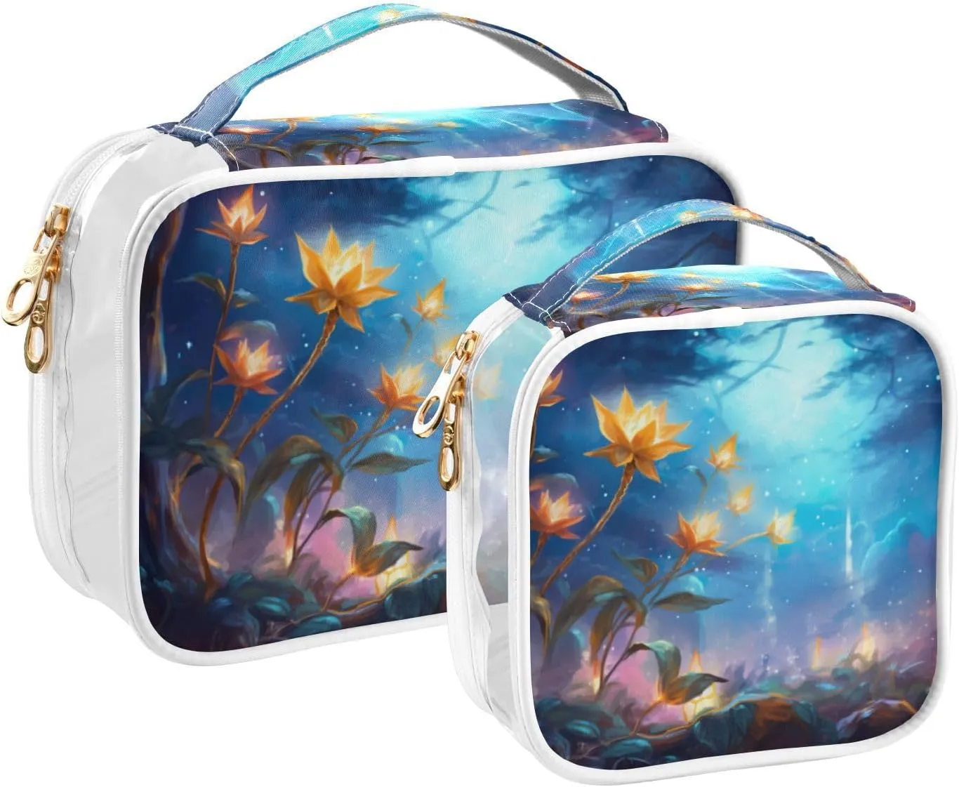 GAIGEO Beautiful And Dreamy Flowers Clear Toiletry Bag Set, Clear Plastic Travel Bags, Women's Toiletry Bag, 2 Pack