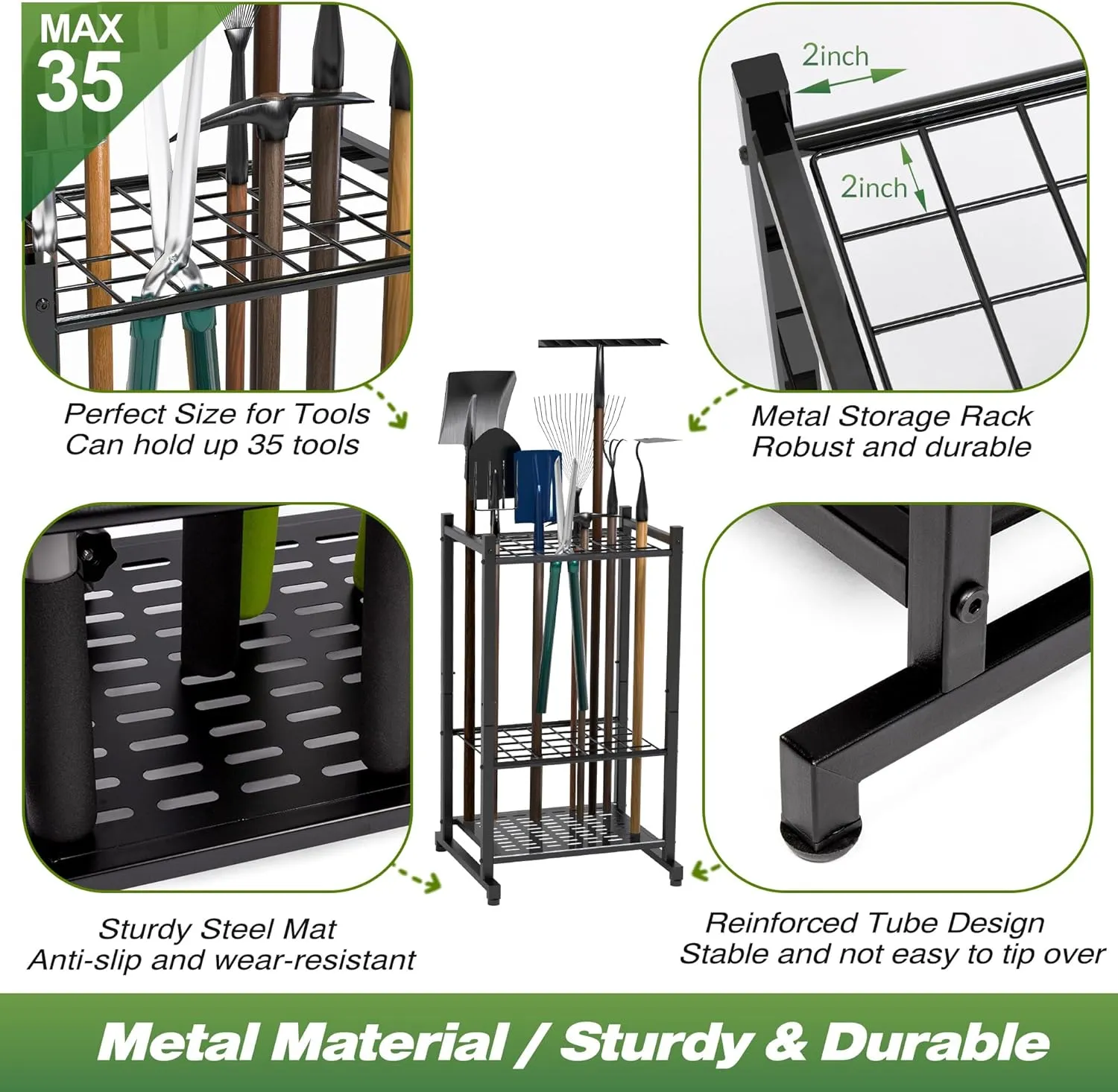 Garden Tool Organizer, Yard Tool Tower Rack for Garage Organization and Storage, Up to 35 Long-Handled Tools/Rakes/Brooms, Heavy Duty Steel Garden Tool Stand for Shed, Outdoor, Black