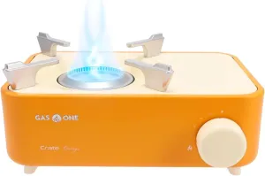 Gas One Butane Fuel Camp Stove – Crate Series - Mini Stove for Camping, Hiking – Portable Gas Stove with Spiral Flame – Even Heat Distribution – Modern and Easy to Use (Orange)