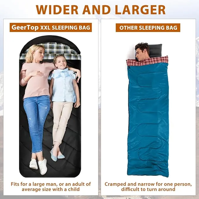GEERTOP Flannel Sleeping Bag for Adults XXL, Large Wide Camping Sleeping Bag 4 Season, 0 Degree Sleeping Bag for Winter Cold Weather
