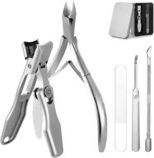 German Nail Clippers for Men, Ultra Sharp Heavy Duty Toenail Clippers for Thick Nails with Wide Mouth, Portable Anti Splash Stainless Steel Finger Nail Clippers with Catcher for Women Seniors (Silver)