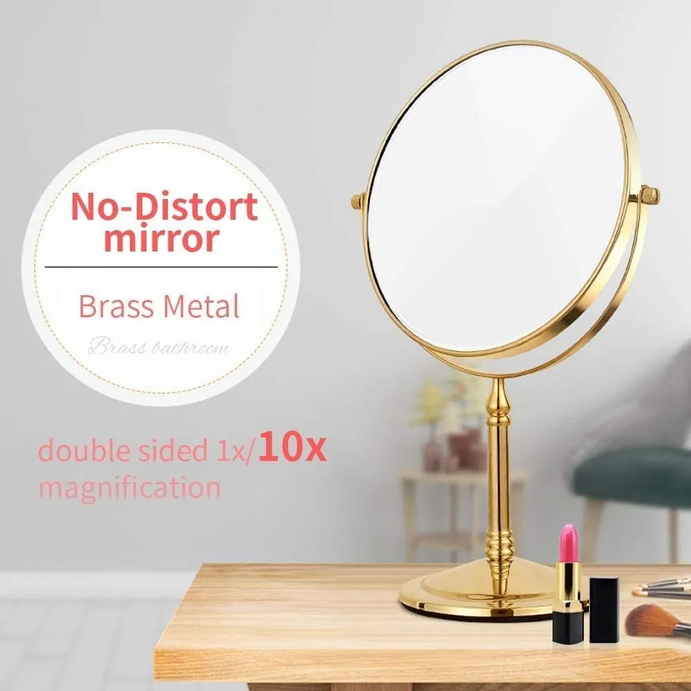 Gold Makeup Mirror 1X/10X Free Standing for Bathroom 8 Inches 360 Swivel Dual-Sided Tabletop Makeup Mirror, Metal