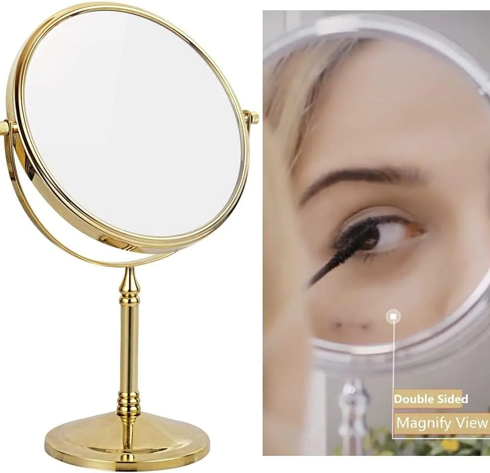 Gold Makeup Mirror 1X/10X Free Standing for Bathroom 8 Inches 360 Swivel Dual-Sided Tabletop Makeup Mirror, Metal