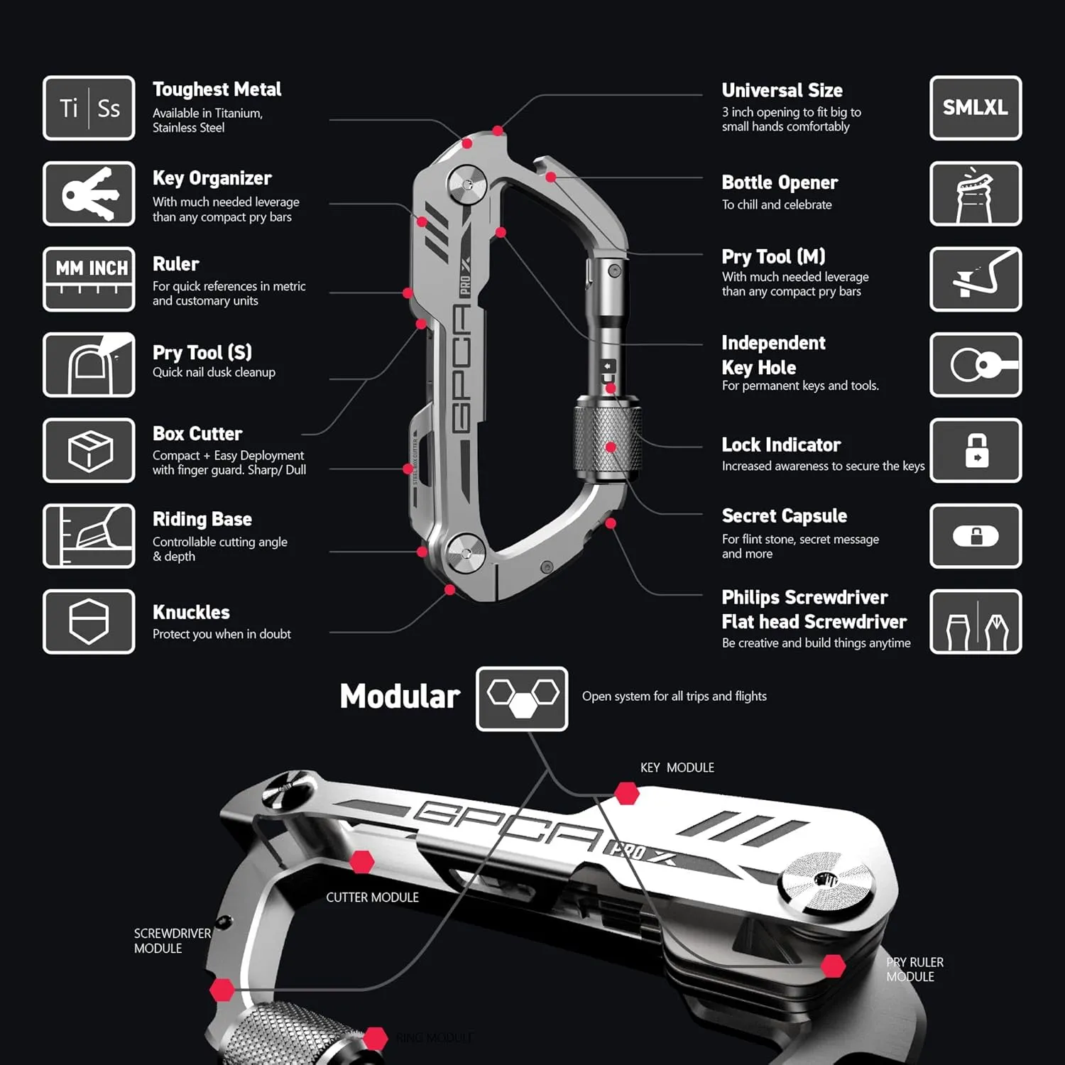 GPCA Carabiner PRO X Key – Multi-Tool Organizer, EDC Carabiner with Key Holder, Bottle Opener, Box Opener, Pry Tool, Screwdrivers, Durable Clip for Camping, Hiking, Everyday Carry, Adventure Gear