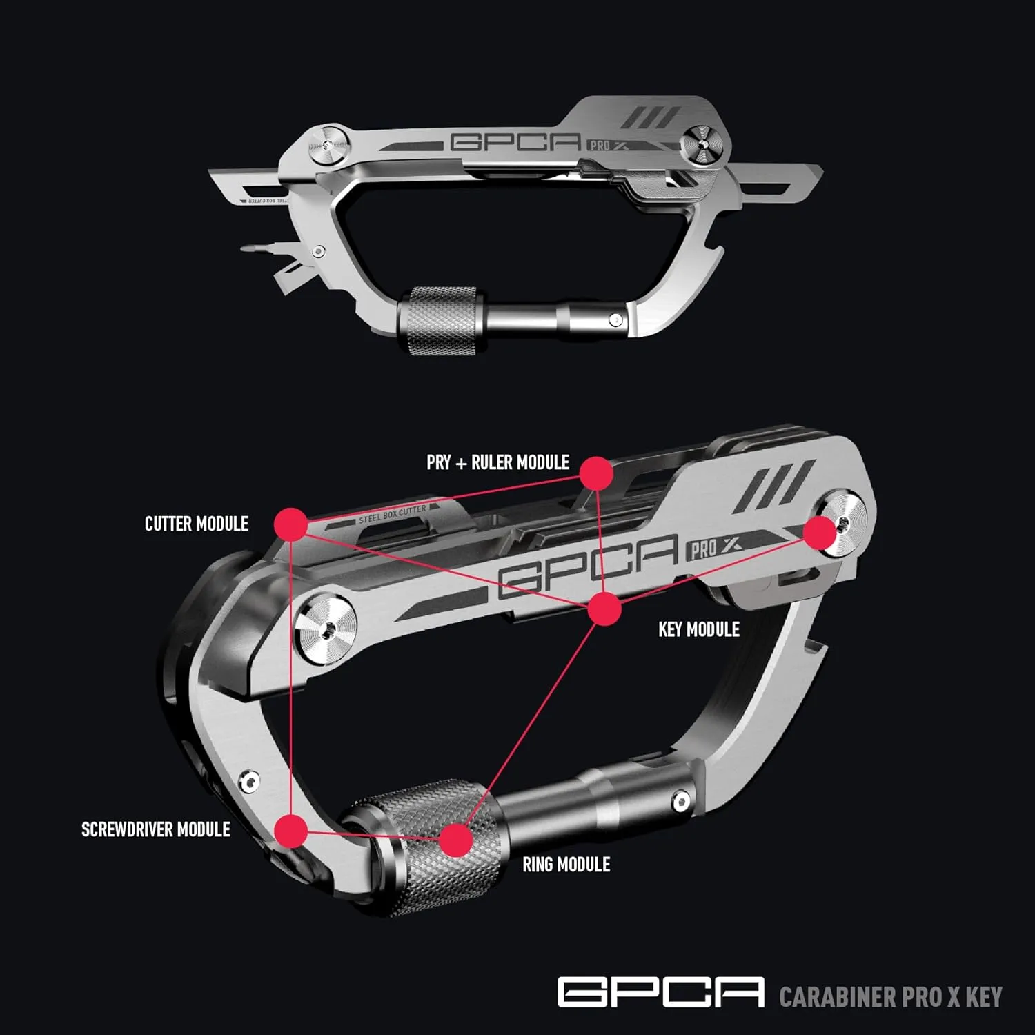GPCA Carabiner PRO X Key – Multi-Tool Organizer, EDC Carabiner with Key Holder, Bottle Opener, Box Opener, Pry Tool, Screwdrivers, Durable Clip for Camping, Hiking, Everyday Carry, Adventure Gear