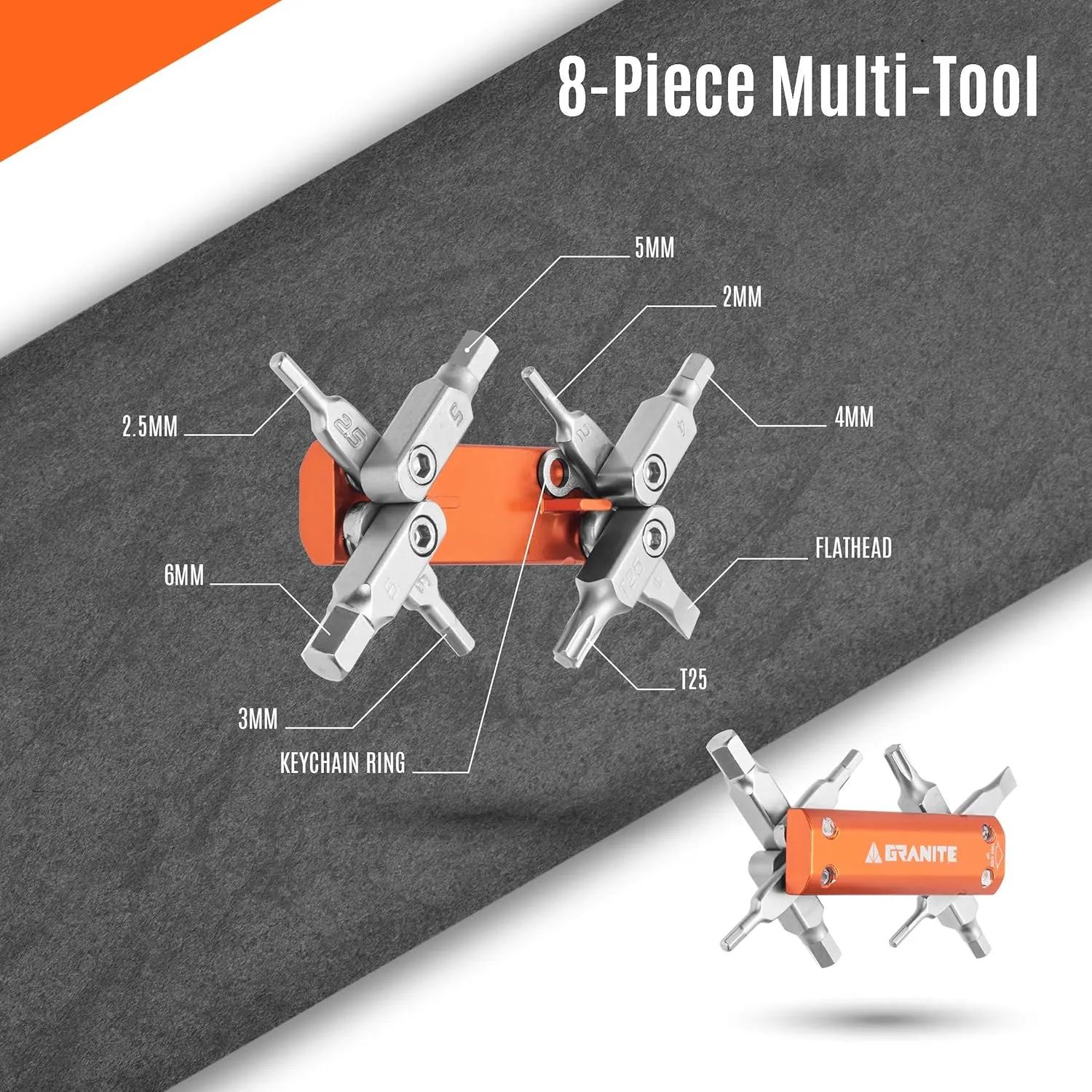 Granite Stash Multi-Tool Kit - Compact Bike Tools Stored Inside Steerer Tube, Tapered Steerer Model (Orange)