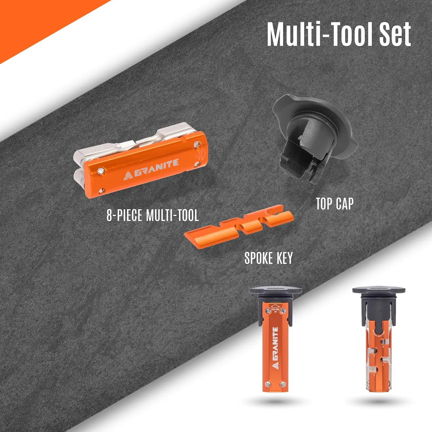 Granite Stash Multi-Tool Kit - Compact Bike Tools Stored Inside Steerer Tube, Tapered Steerer Model (Orange)