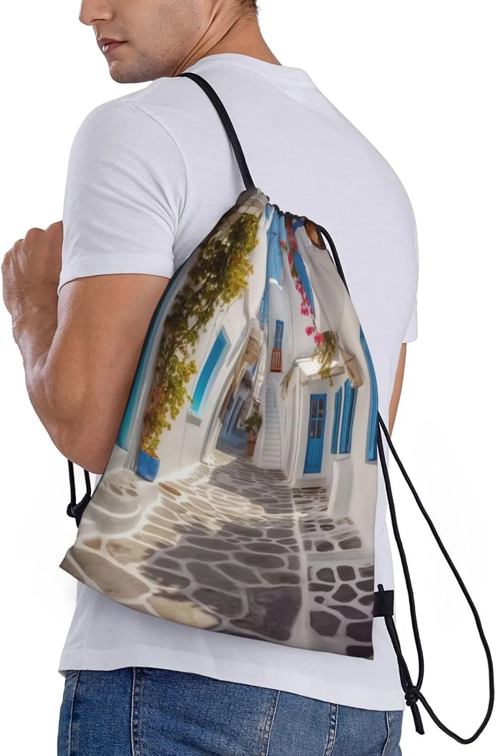 Greece Street Drawstring Backpack Waterproof String Bag Sports Sackpack Gym Bags for Men Women