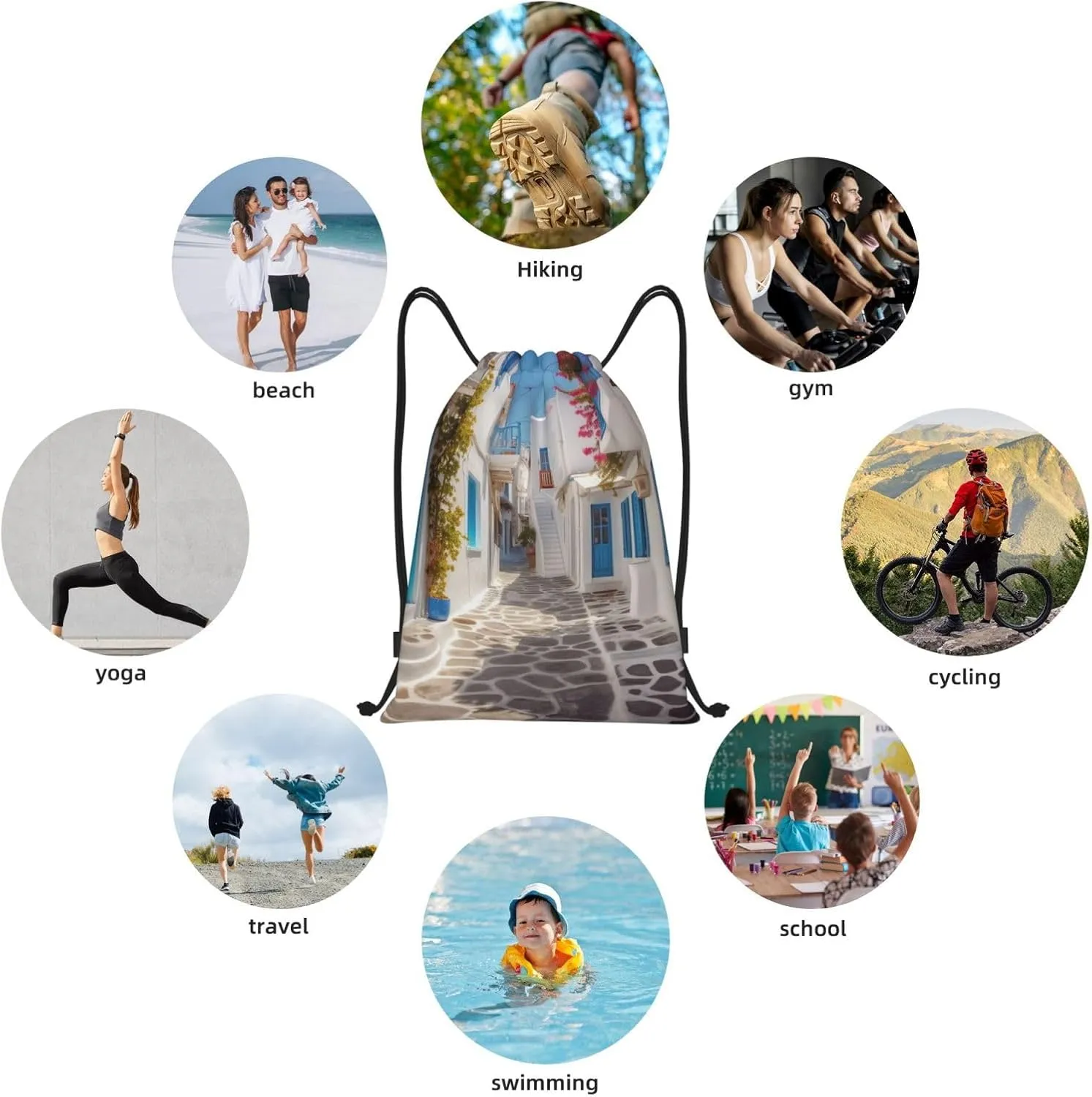 Greece Street Drawstring Backpack Waterproof String Bag Sports Sackpack Gym Bags for Men Women
