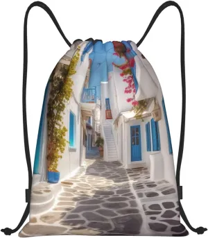 Greece Street Drawstring Backpack Waterproof String Bag Sports Sackpack Gym Bags for Men Women