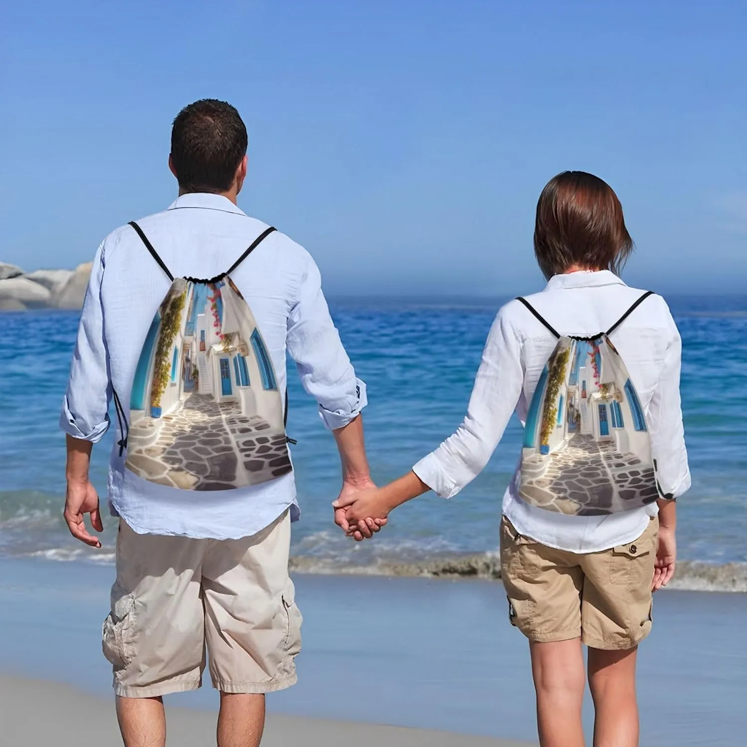Greece Street Drawstring Backpack Waterproof String Bag Sports Sackpack Gym Bags for Men Women