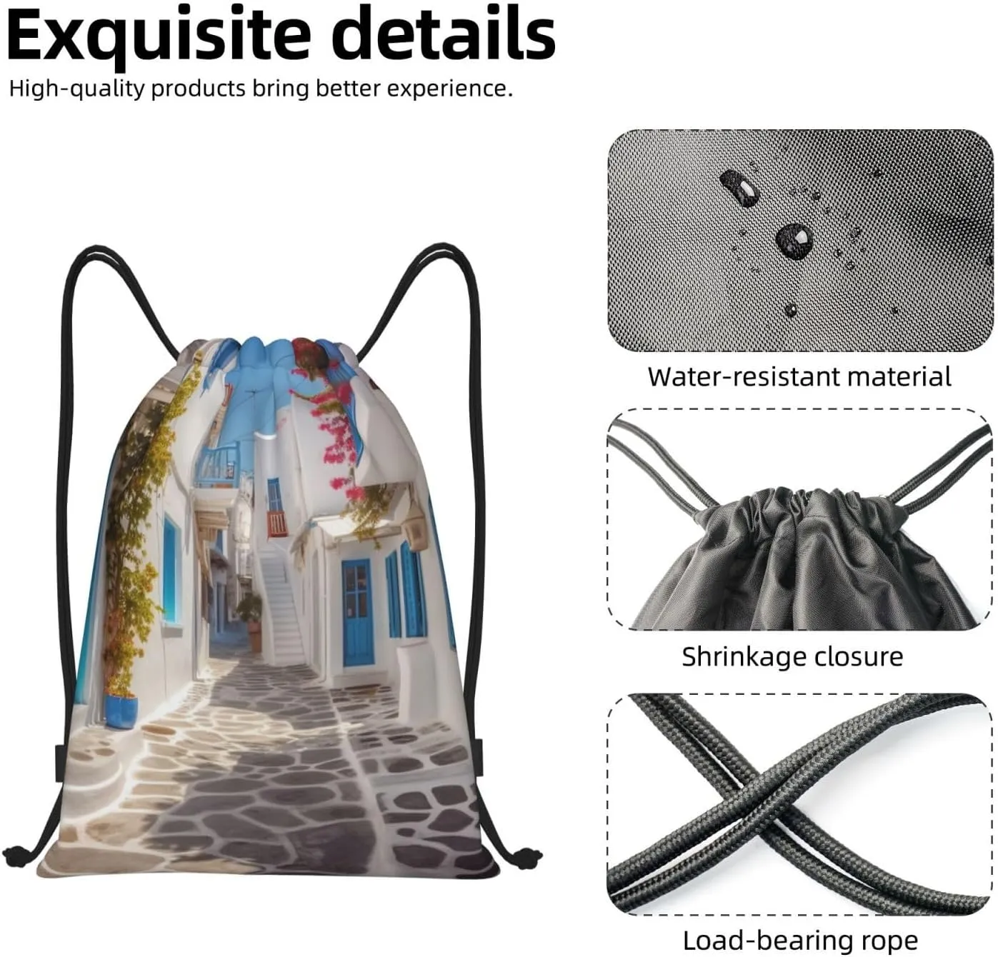 Greece Street Drawstring Backpack Waterproof String Bag Sports Sackpack Gym Bags for Men Women