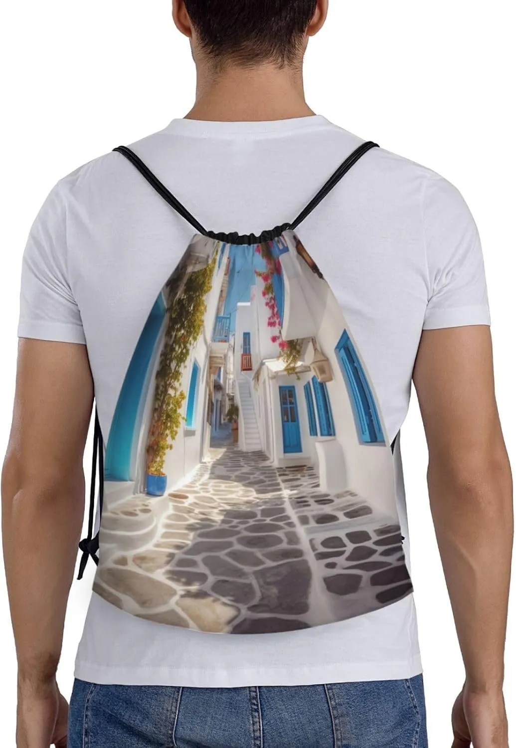 Greece Street Drawstring Backpack Waterproof String Bag Sports Sackpack Gym Bags for Men Women