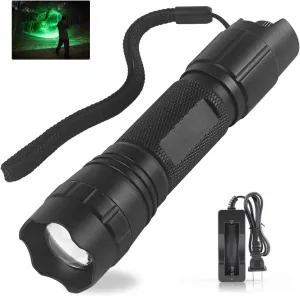 Green Flashlight 200 Yards Green LED Predator Light 500 Lumens Stepless Dimming Green Light Tactical Hunting Light Zoomable for Hog Coyote Varmint Hunting, Fishing, Aviation