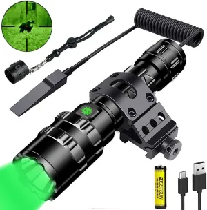 Green Light Flashlight, Rechargeable LED Green Light Tactical Flashlight with Pressure Switch, 5 Modes & Zoomable Deer Hunting Light, IPX4 waterproof Hog Lights for Night Hunting Coyote Varmint