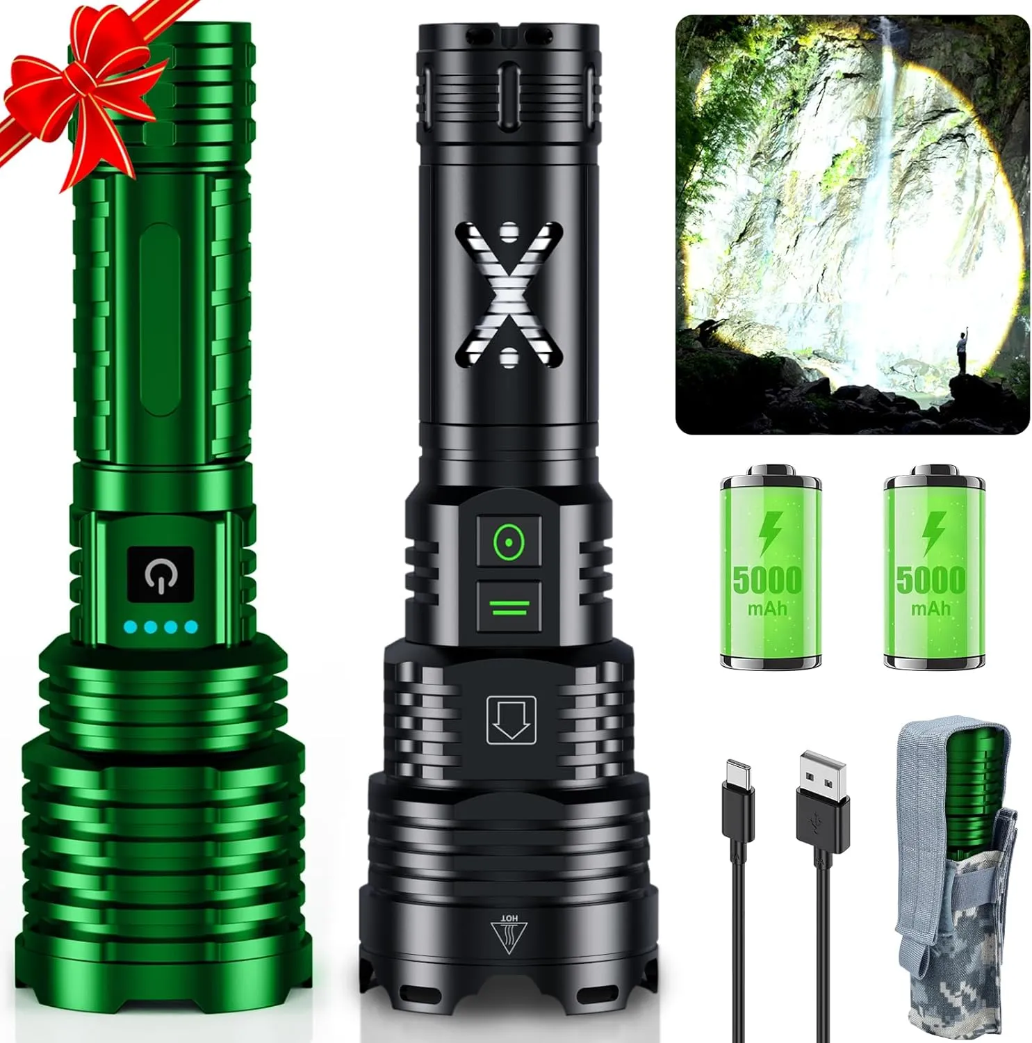 Green&Black LED Flashlights High Lumens,Tactical Flashlight Rechargeable USB C, 11 Modes, Zoomable, IP67 Waterproof, High Powered Flashlight for Home Camping Emergencies