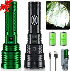 Green&Black LED Flashlights High Lumens,Tactical Flashlight Rechargeable USB C, 11 Modes, Zoomable, IP67 Waterproof, High Powered Flashlight for Home Camping Emergencies