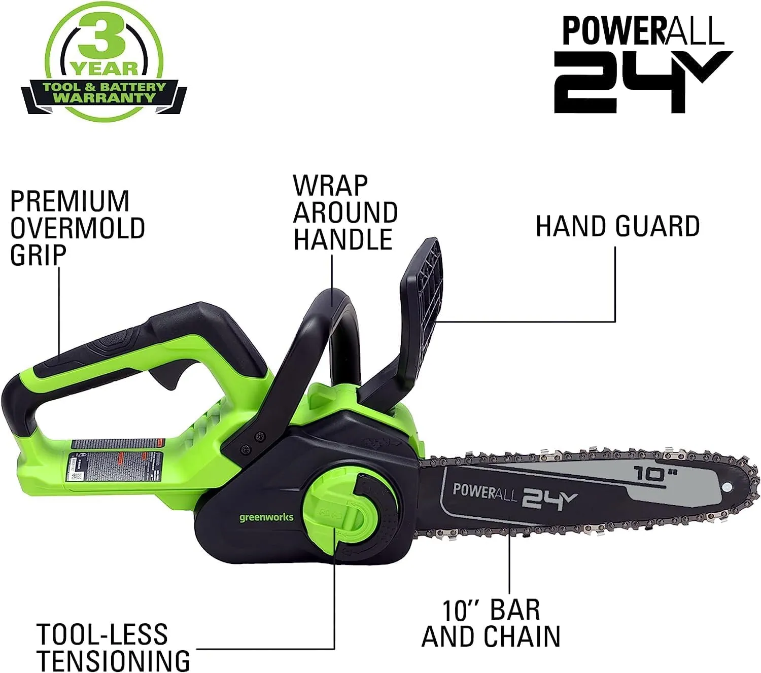 Greenworks 24V 10" Cordless Compact Chainsaw (Great For Storm Clean-Up, Pruning, and Firewood / 125  Compatible Tools), Tool Only