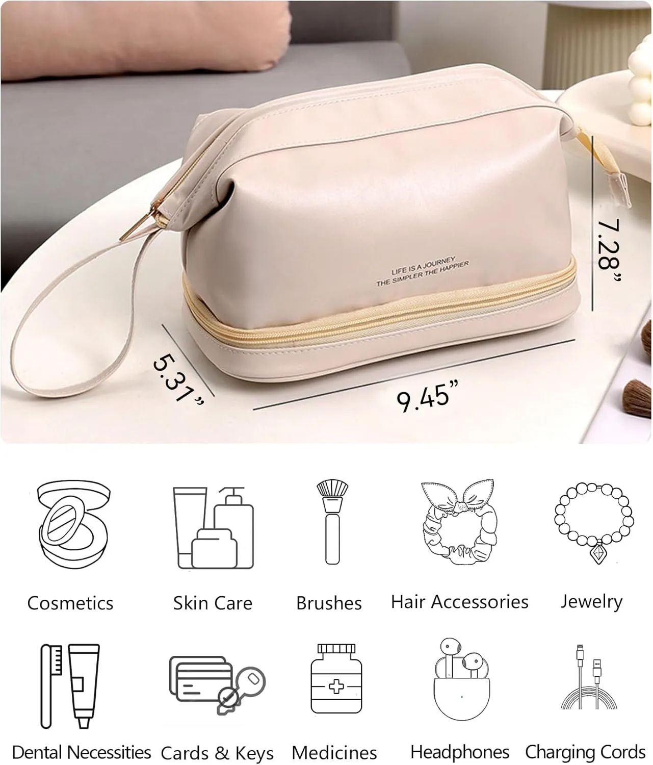 GRINKO Travel Makeup Bag, Large Capacity Toiletry Bag, Portable Pouch Cosmetic Bags for Women, PU Leather Waterproof Make up Organizer Apricot