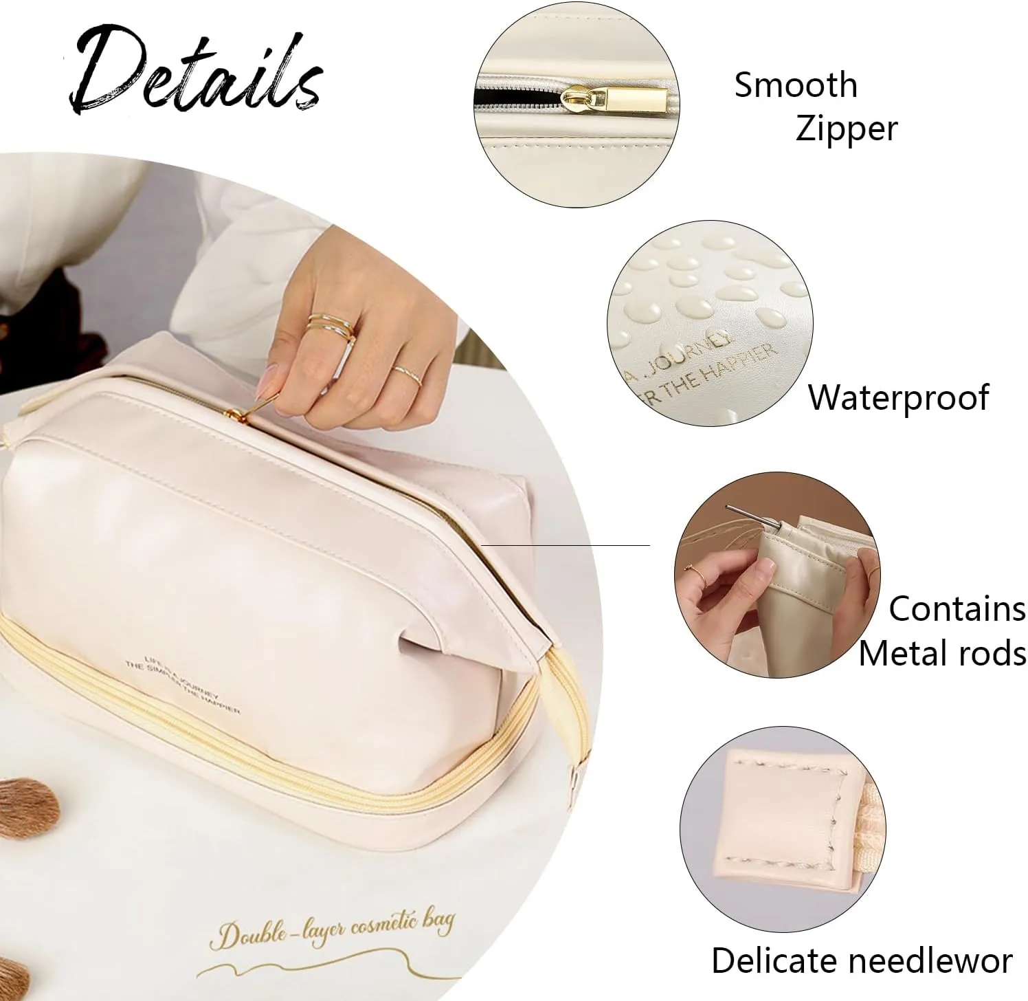 GRINKO Travel Makeup Bag, Large Capacity Toiletry Bag, Portable Pouch Cosmetic Bags for Women, PU Leather Waterproof Make up Organizer Apricot