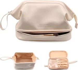GRINKO Travel Makeup Bag, Large Capacity Toiletry Bag, Portable Pouch Cosmetic Bags for Women, PU Leather Waterproof Make up Organizer Apricot