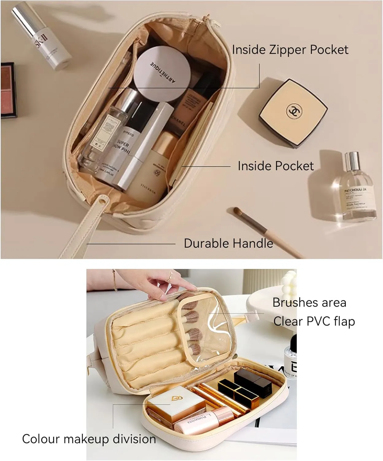 GRINKO Travel Makeup Bag, Large Capacity Toiletry Bag, Portable Pouch Cosmetic Bags for Women, PU Leather Waterproof Make up Organizer Apricot